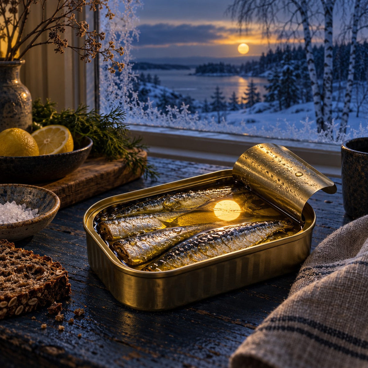 Open tin of sardines in olive oil, with sunlight reflecting off the fish symbolizing their vitamin D content, set against a snowy winter sunset with rye bread and lemon