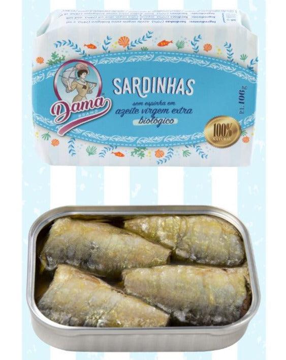 Sardīnes bioloģiskā pirmā spieduma olīveļļā, bez kauliem (BIO) | Dama